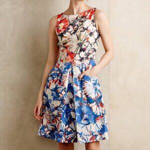 ANTHROPOLOGIE Melia Dress Sleeveless Blue Red Abstract Floral Fit & Flare NEW